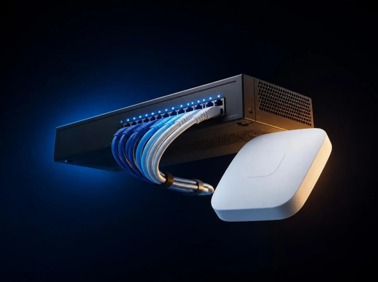 Render 3D de un switch de red con cables y punto de acceso WiFi