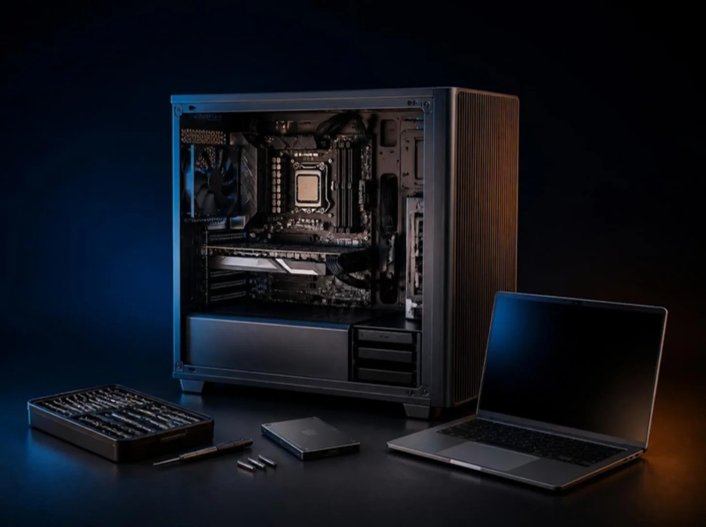 Render 3D de una PC abierta con herramientas de precisión y laptop