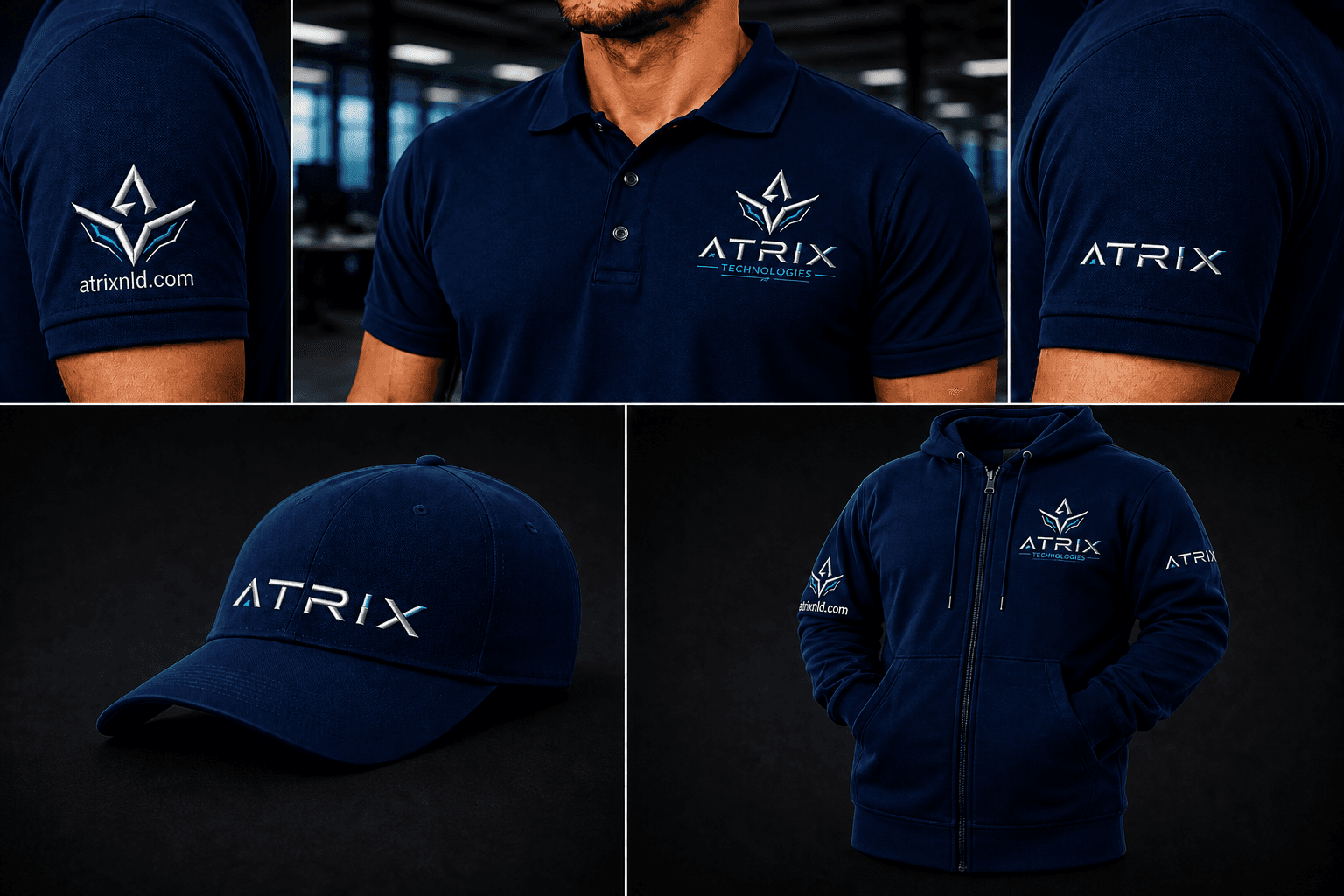 Identidad ATRIX Technologies: polo, gorra y hoodie con marca oficial