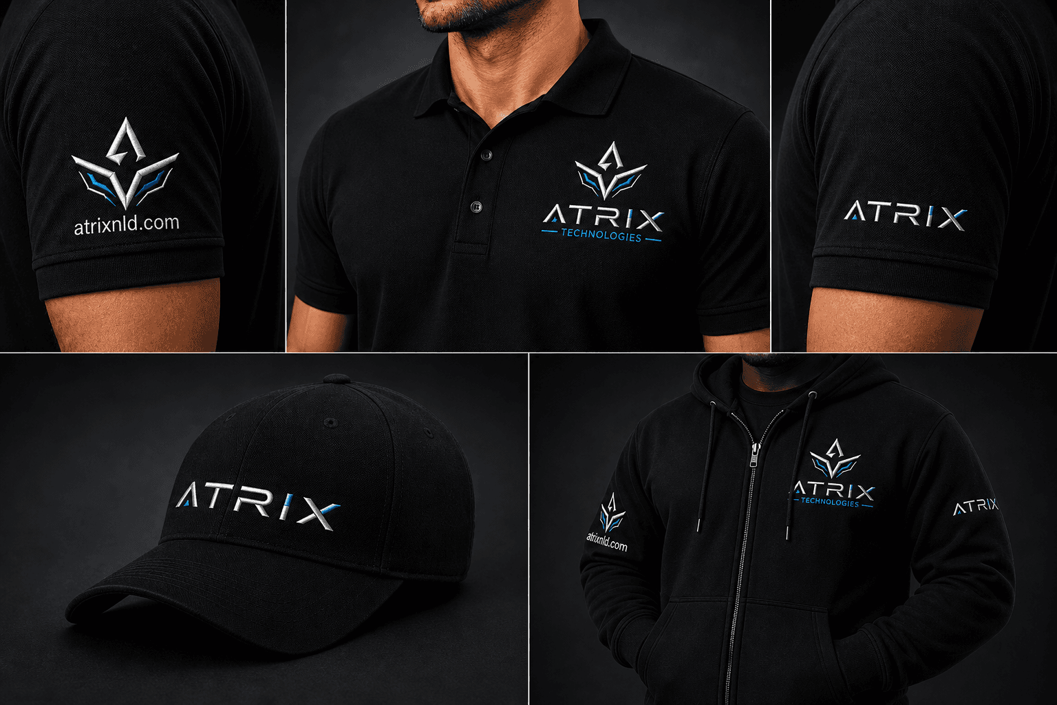 Identidad ATRIX Technologies: detalles de logo, mangas y presencia de equipo