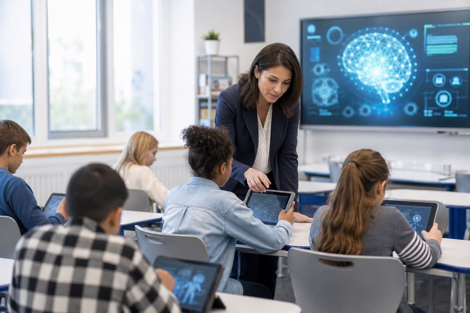 Aula moderna con docentes y alumnos usando tecnología responsablemente