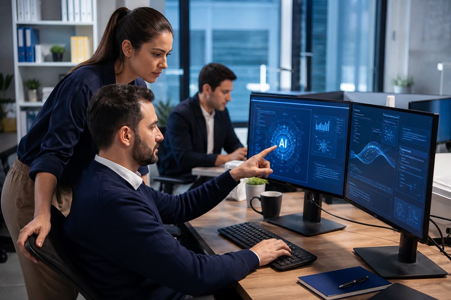 Equipo empresarial usando IA para productividad en oficina