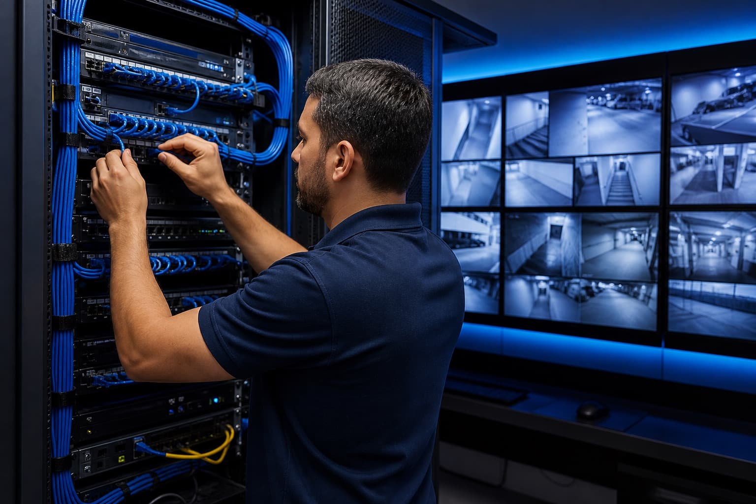 Técnico configurando redes y monitoreo CCTV en infraestructura